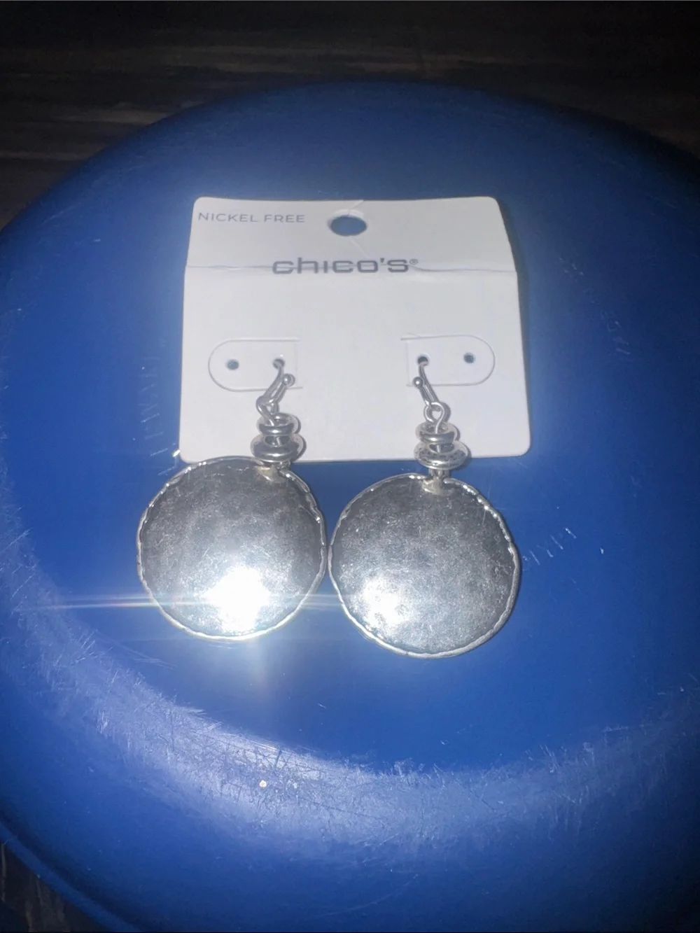 Chico's Shiny Silver Disc Drop Earrings